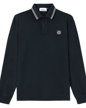 Stone Island Organic Cotton Pique Long Sleeve Navy Polo Shirt