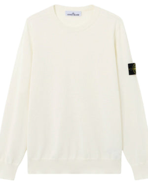 Stone Island Soft Organic Cotton Ribbed Neckline Ivory Sweatshirt