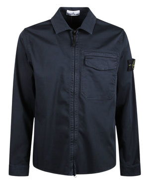 Stone Island Organic Cotton Satin Zip Up Navy Overshirt