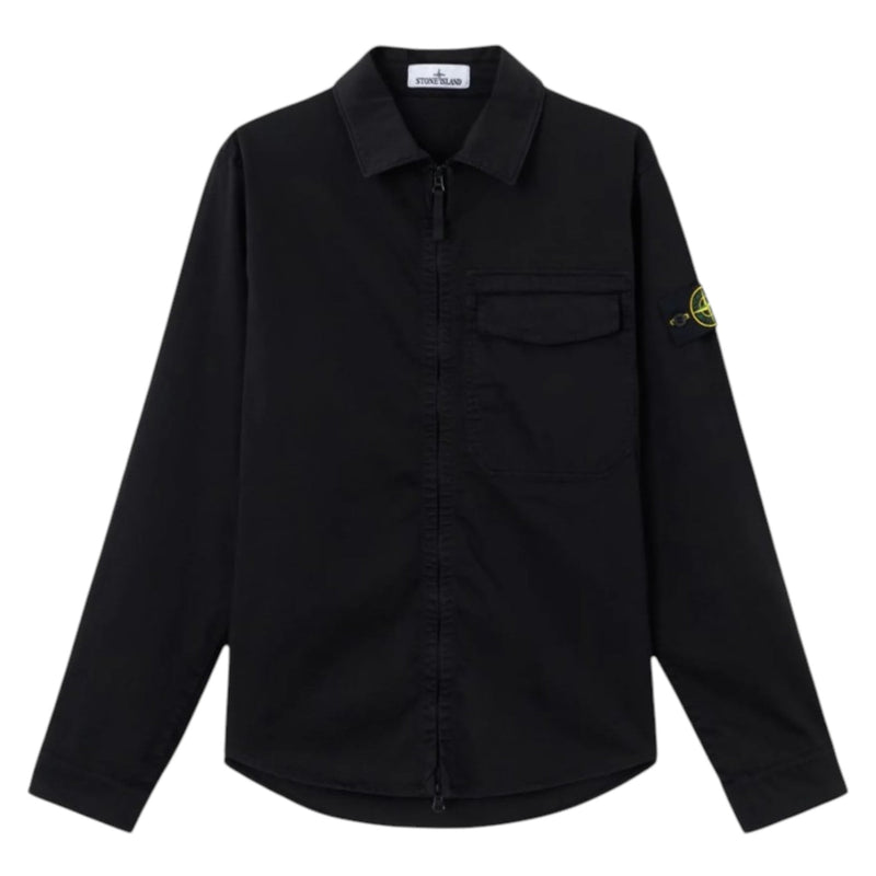 Stone Island Organic Cotton Satin Zip Up Black Overshirt