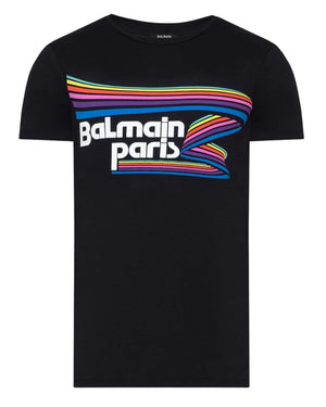 BALMAIN VH1EF000G016 Balmain Paris Rainbow Multi Logo Black T-Shirt AAA BLACK T-SHIRT MALE S