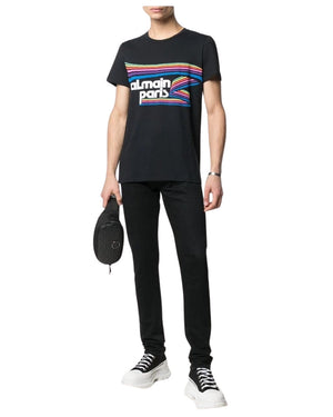BALMAIN VH1EF000G016 Balmain Paris Rainbow Multi Logo Black T-Shirt AAA BLACK T-SHIRT MALE S