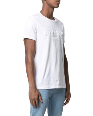 BALMAIN YH1EF000BB20 Balmain Paris Embossed Logo White T-Shirt 0FA WHITE T-SHIRT MALE S