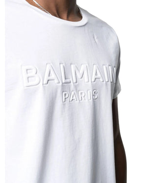 BALMAIN YH1EF000BB20 Balmain Paris Embossed Logo White T-Shirt 0FA WHITE T-SHIRT MALE S