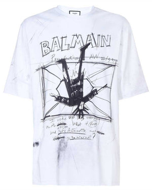 BALMAIN YU1EH035GB83 Balmain Sketch Drawing Logo White T-Shirt EAB WHITE T-SHIRT MALE S
