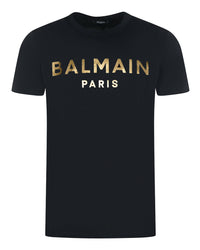 Balmain Paris Logo In Gold Black T-Shirt
