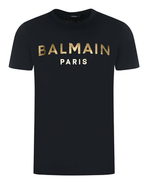 Balmain Paris Logo In Gold Black T-Shirt