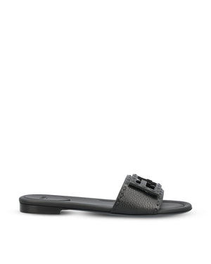 Fendi Baguette Leather Slides in Black