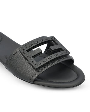 Fendi Baguette Leather Slides in Black